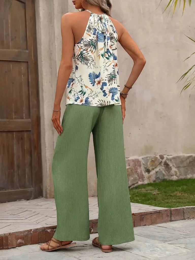 Printed Tank Top and Wide Leg Pants Set - Matcha Green by Trendsi from FREYA’S CLOSET