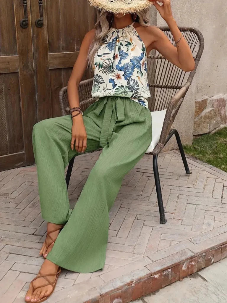 Printed Tank Top and Wide Leg Pants Set - Matcha Green by Trendsi from FREYA’S CLOSET