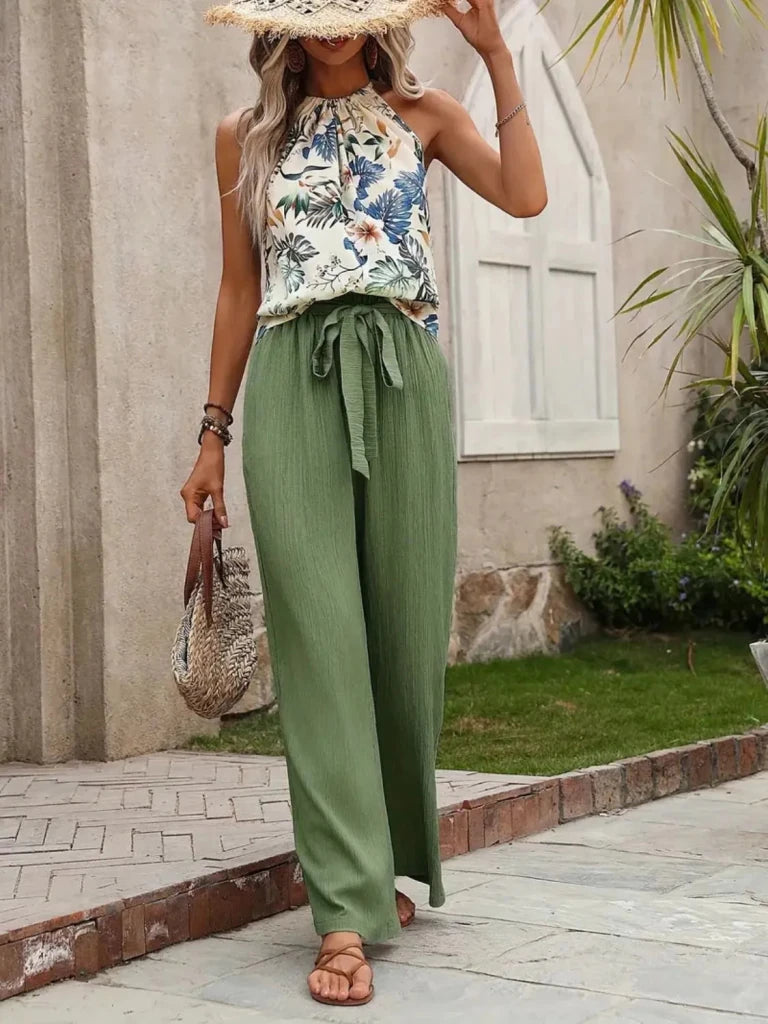 Printed Tank Top and Wide Leg Pants Set - Matcha Green by Trendsi from FREYA’S CLOSET