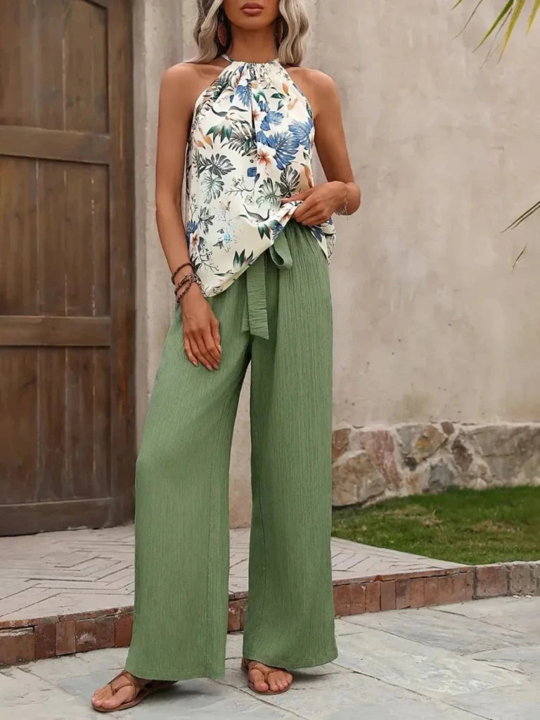 Printed Tank Top and Wide Leg Pants Set - Matcha Green by Trendsi from FREYA’S CLOSET