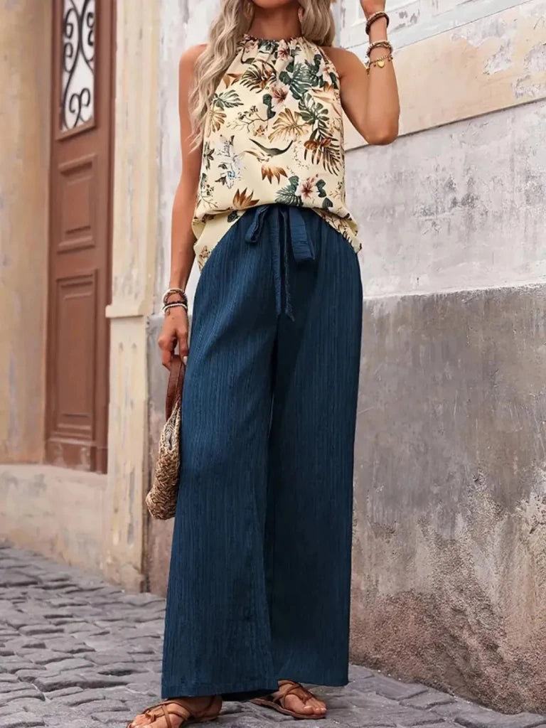 Printed Tank Top and Wide Leg Pants Set - Peacock Blue by Trendsi from FREYA’S CLOSET