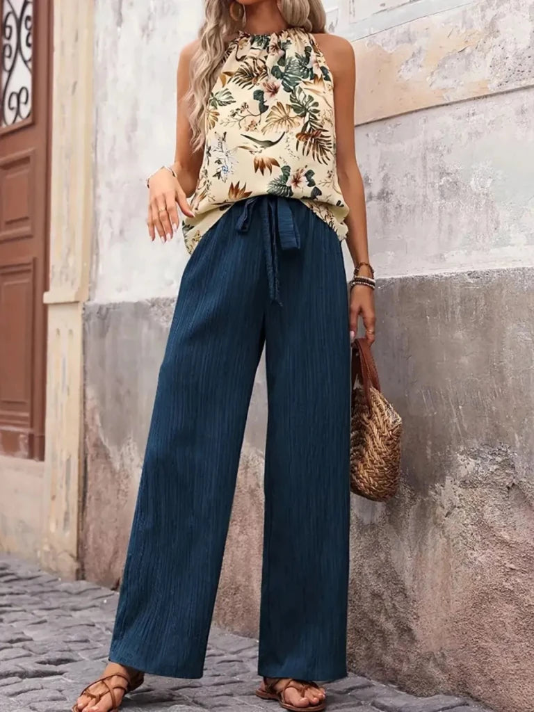 Printed Tank Top and Wide Leg Pants Set - Peacock Blue by Trendsi from FREYA’S CLOSET