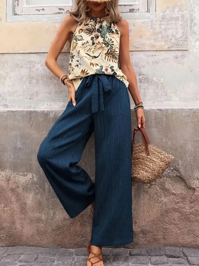 Printed Tank Top and Wide Leg Pants Set - Peacock Blue by Trendsi from FREYA’S CLOSET