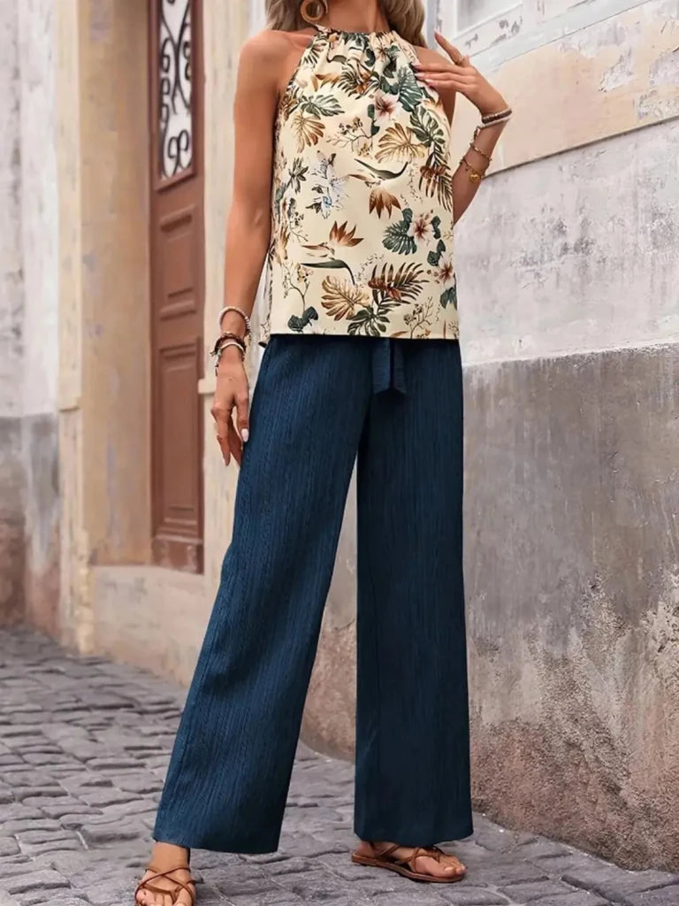 Printed Tank Top and Wide Leg Pants Set - Peacock Blue by Trendsi from FREYA’S CLOSET