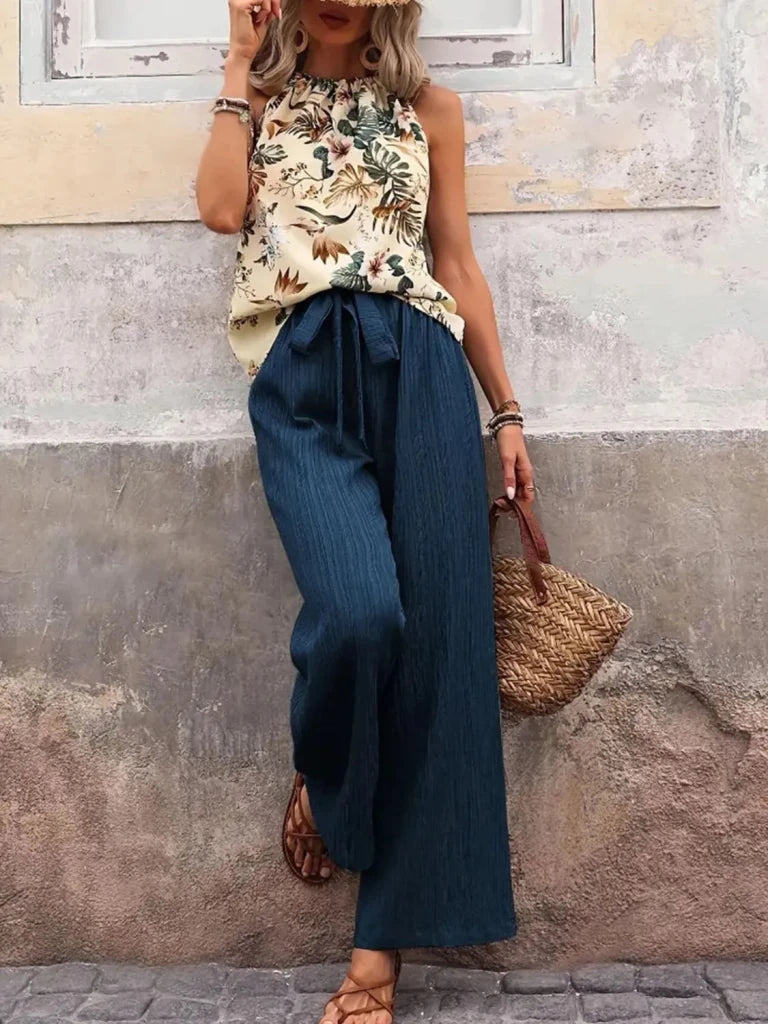 Printed Tank Top and Wide Leg Pants Set - Peacock Blue by Trendsi from FREYA’S CLOSET
