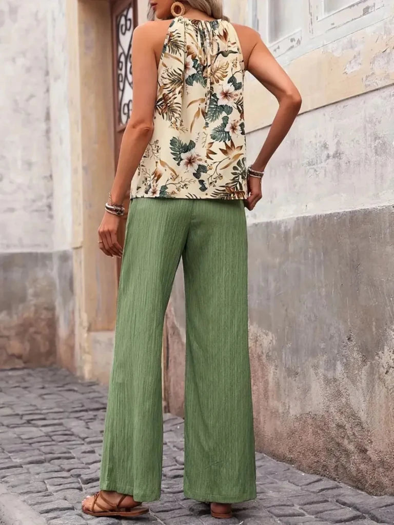 Printed Tank Top and Wide Leg Pants Set - Sage by Trendsi from FREYA’S CLOSET