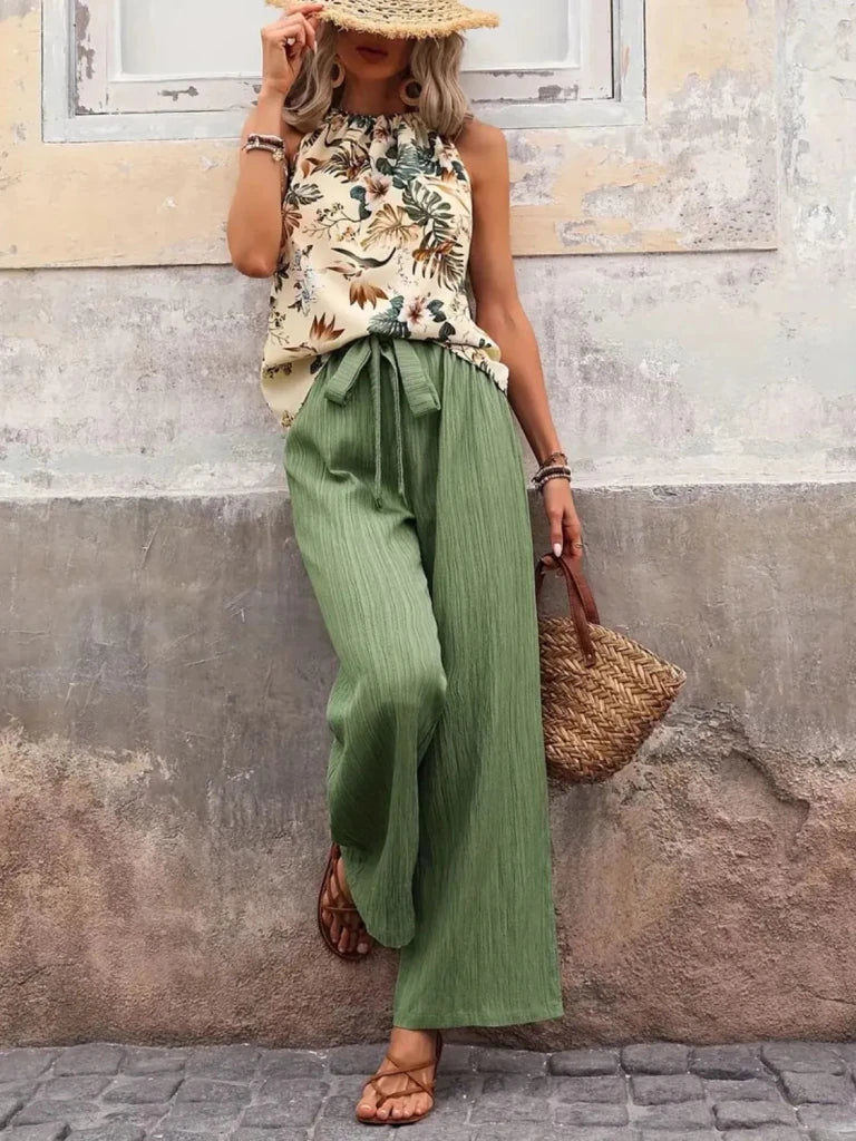 Printed Tank Top and Wide Leg Pants Set - Sage by Trendsi from FREYA’S CLOSET