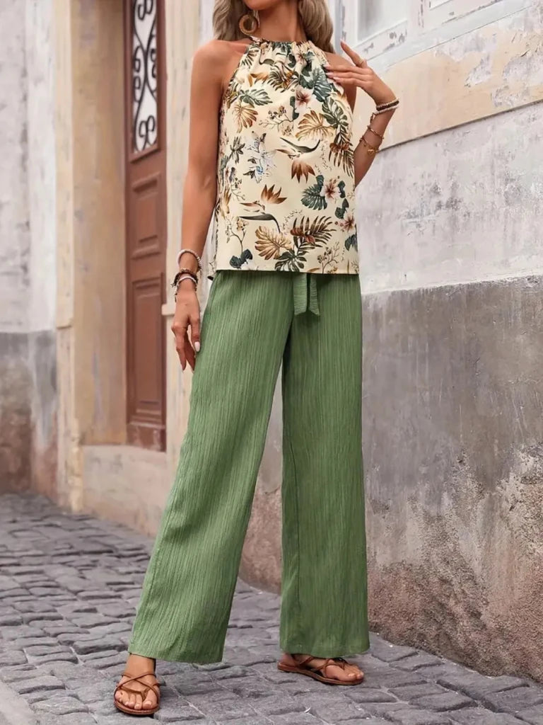 Printed Tank Top and Wide Leg Pants Set - Sage by Trendsi from FREYA’S CLOSET