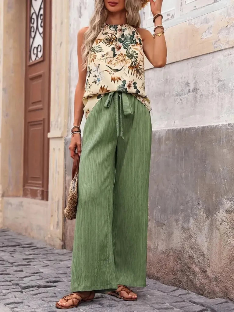 Printed Tank Top and Wide Leg Pants Set - Sage by Trendsi from FREYA’S CLOSET