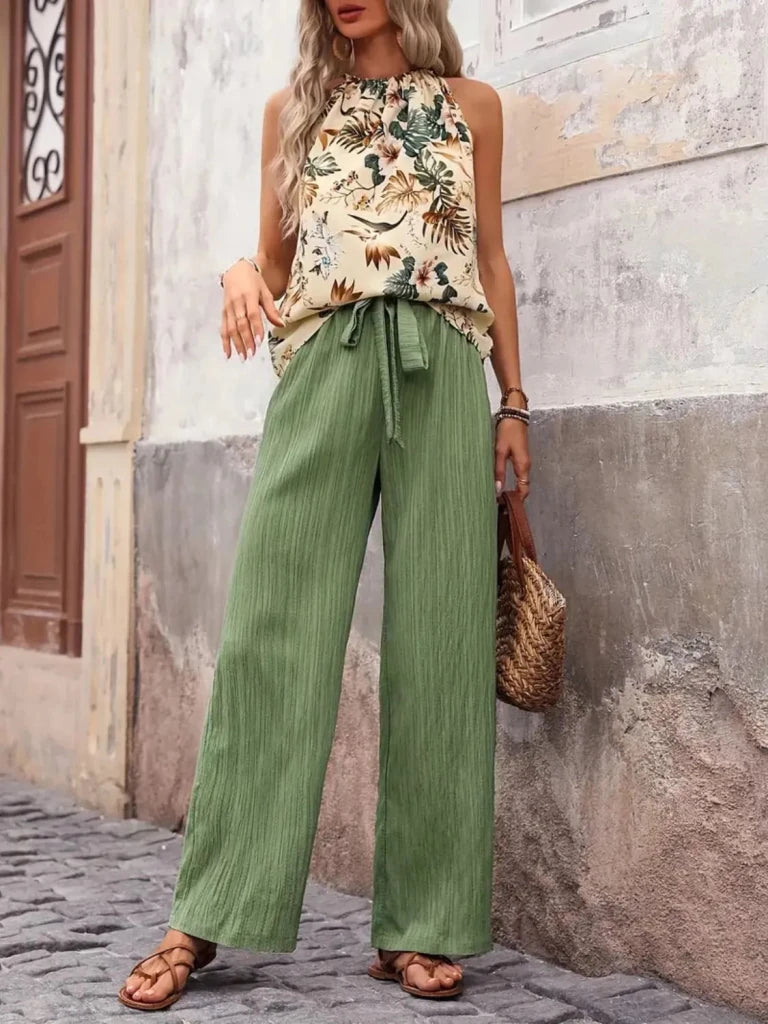 Printed Tank Top and Wide Leg Pants Set - Sage by Trendsi from FREYA’S CLOSET