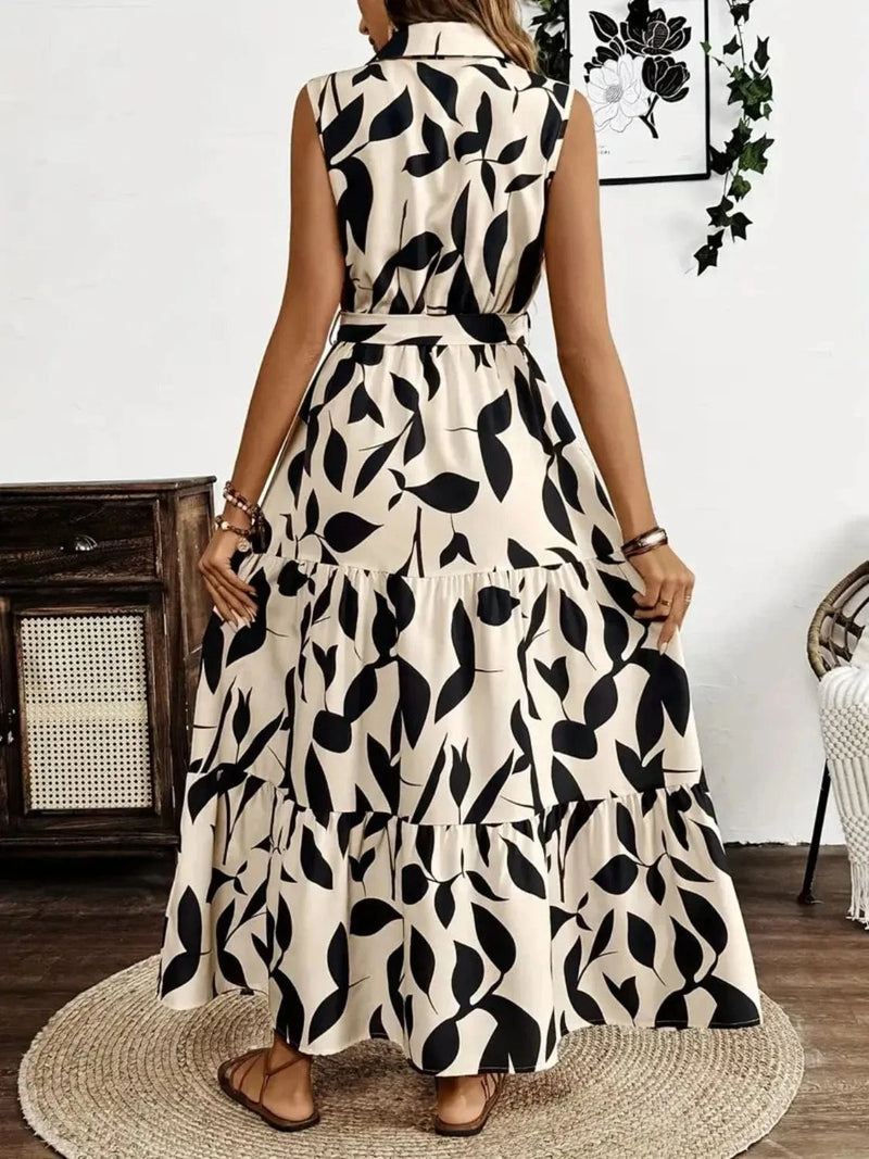 Trendsi Printed Tie Waist Sleeveless Maxi Dress