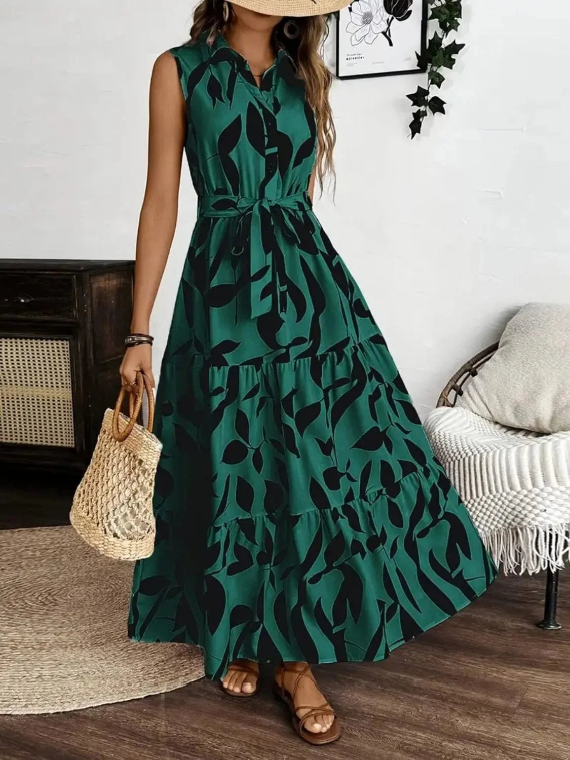 Trendsi Printed Tie Waist Sleeveless Maxi Dress