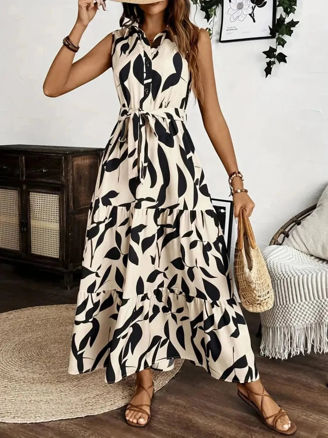 Trendsi Printed Tie Waist Sleeveless Maxi Dress