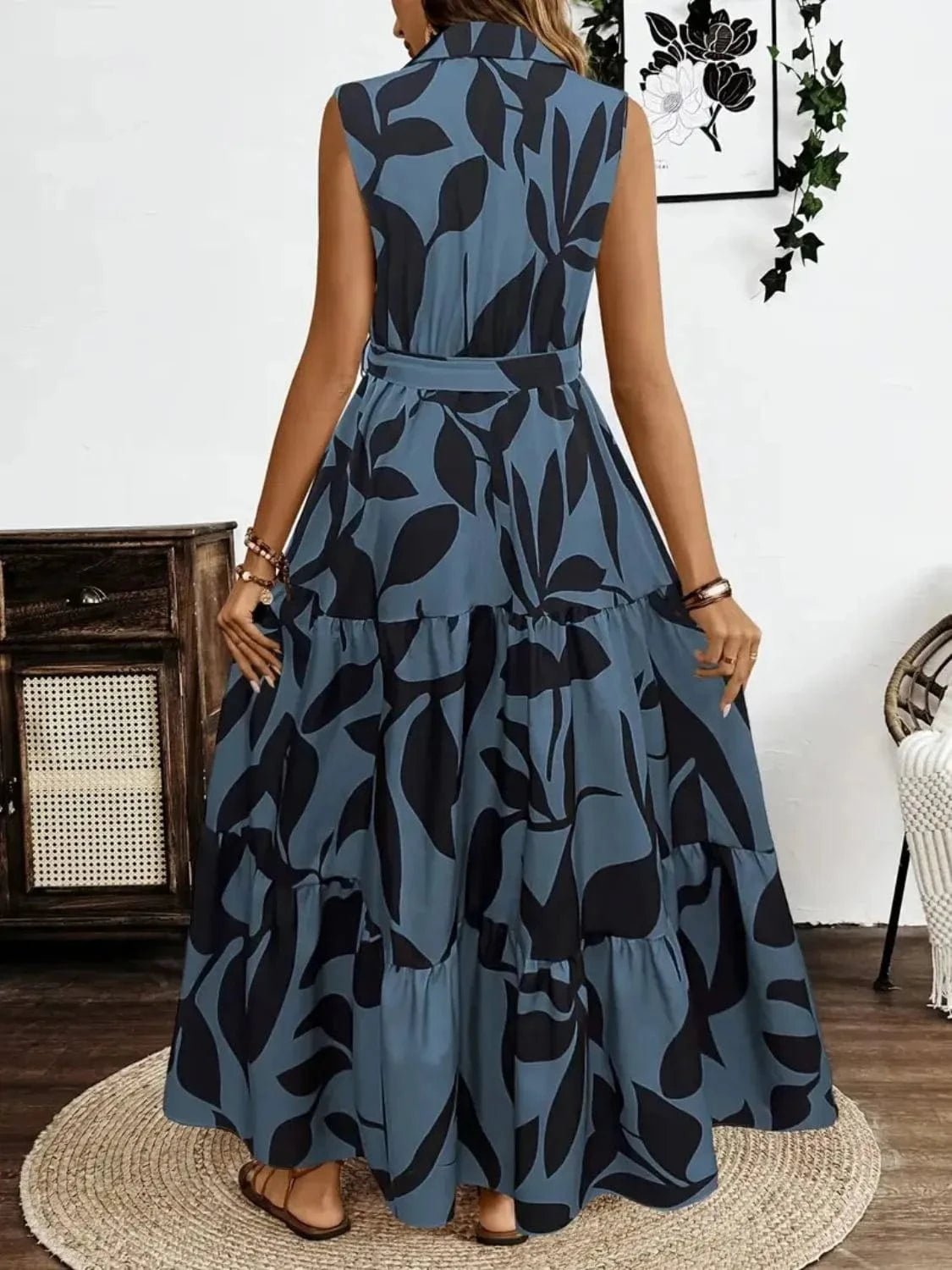 Trendsi Printed Tie Waist Sleeveless Maxi Dress