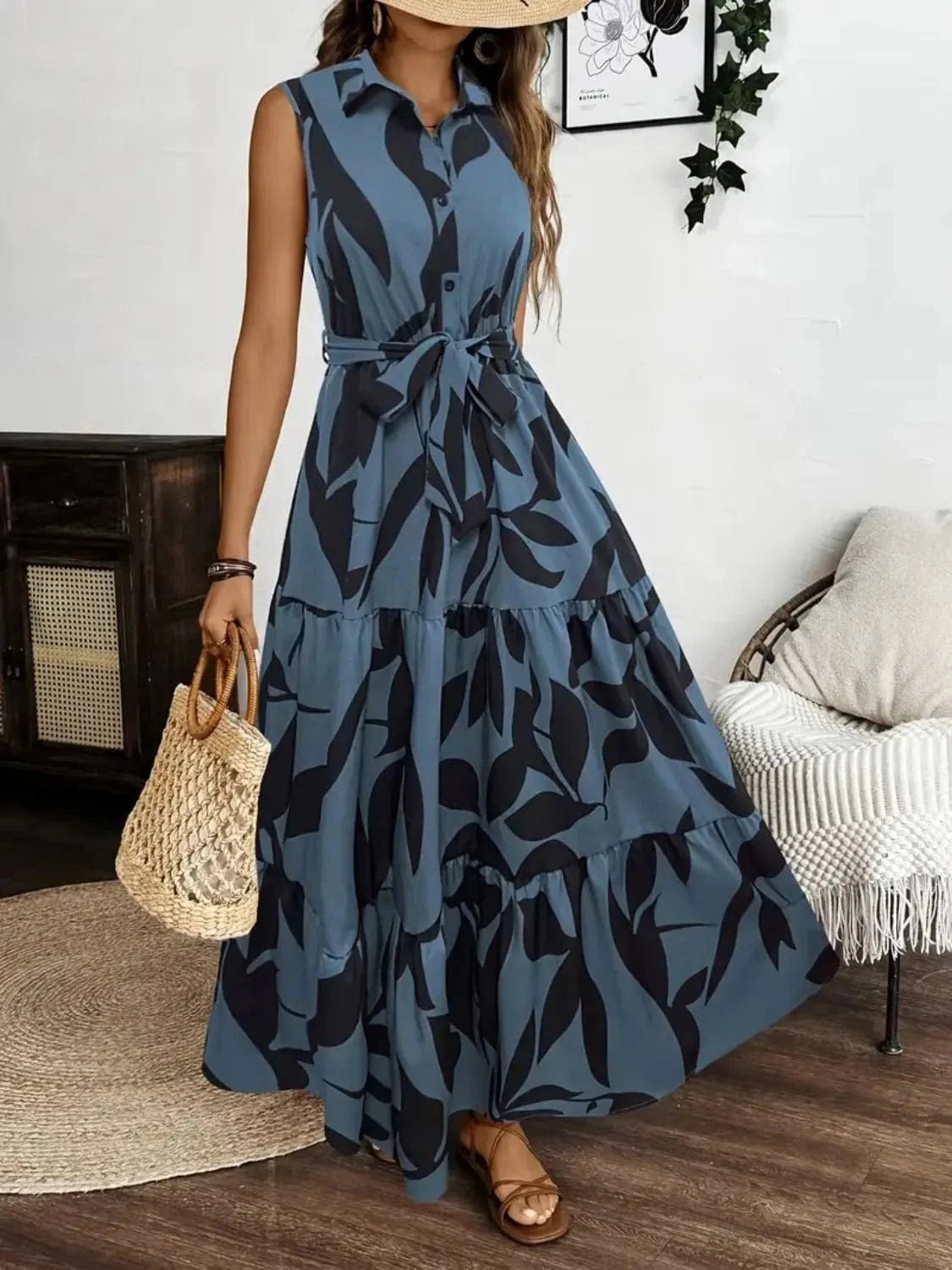 Trendsi Printed Tie Waist Sleeveless Maxi Dress
