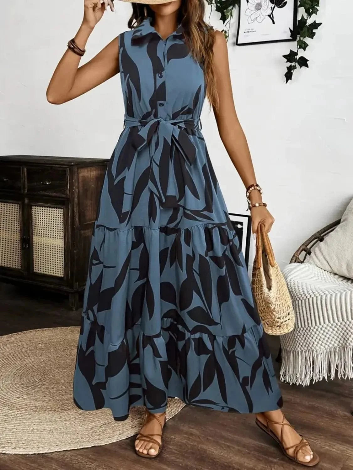 Trendsi Dusty Blue / S Printed Tie Waist Sleeveless Maxi Dress