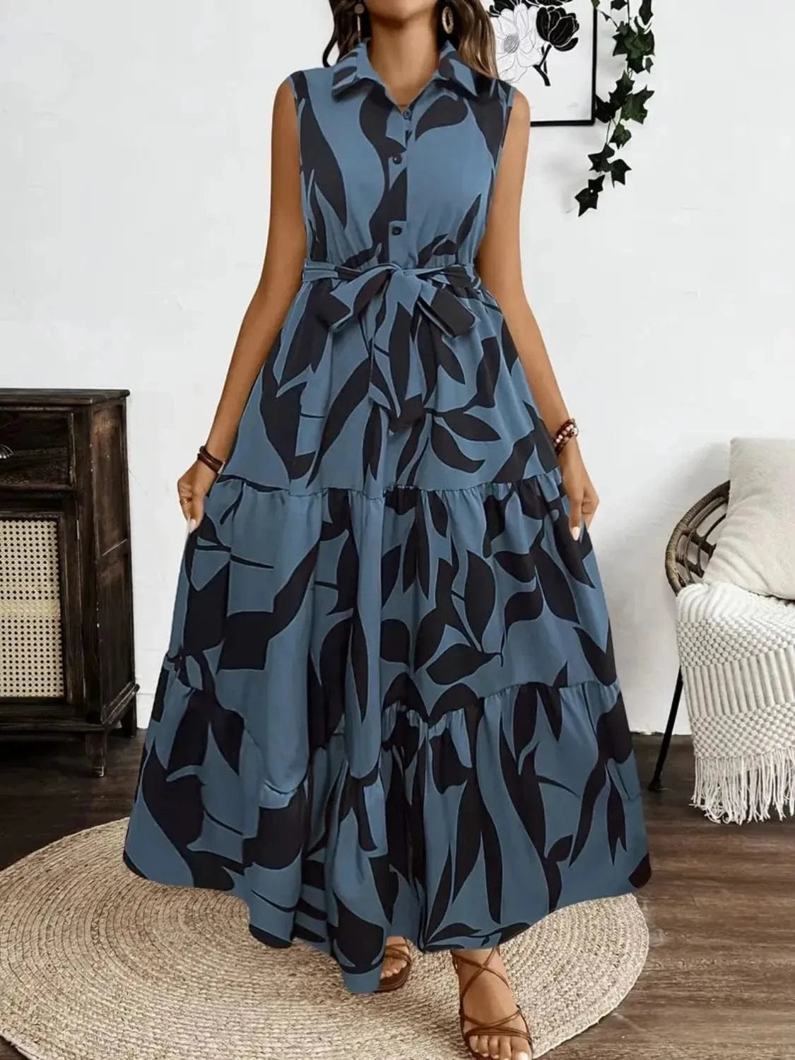 Trendsi Printed Tie Waist Sleeveless Maxi Dress
