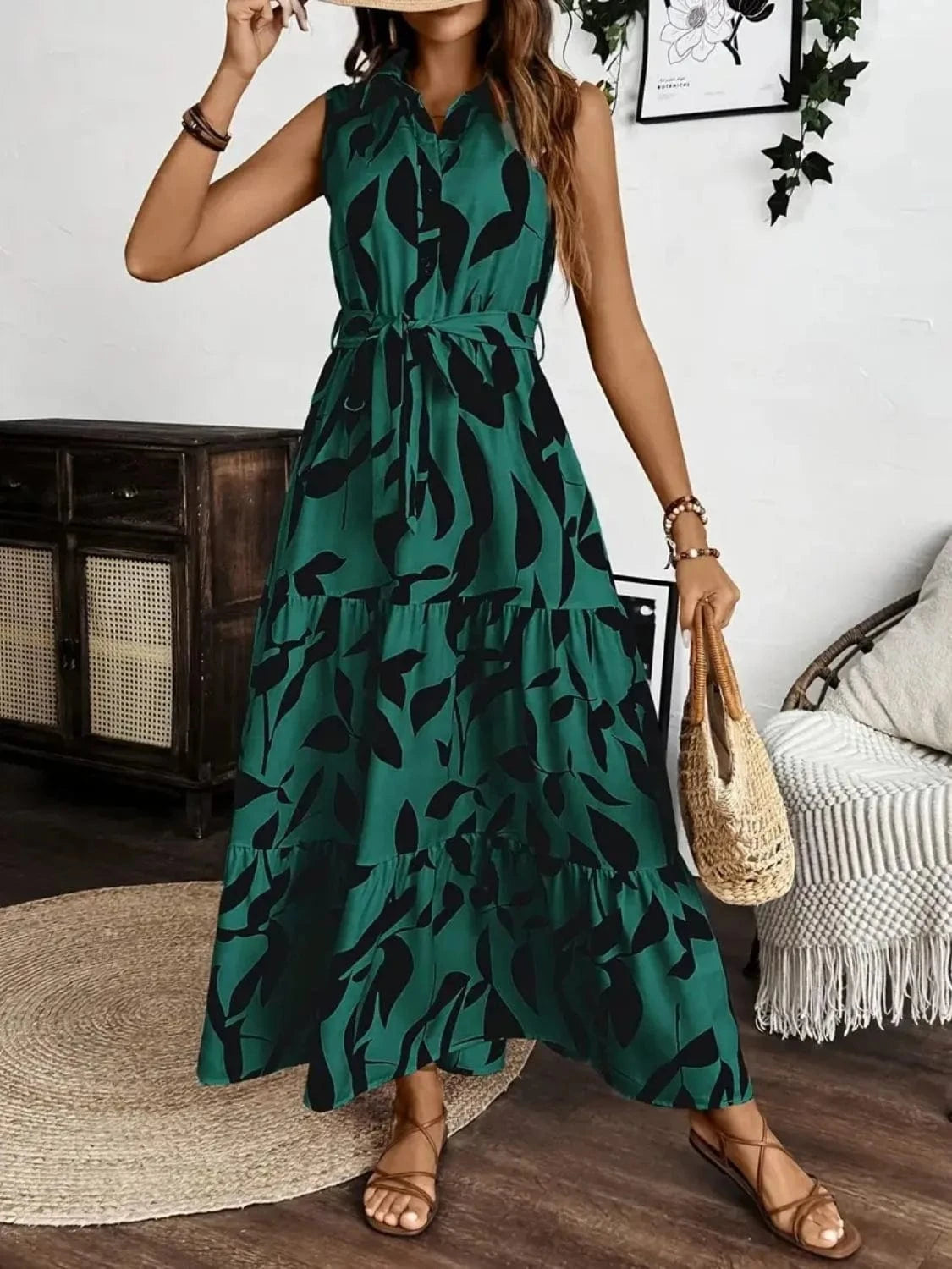 Trendsi Printed Tie Waist Sleeveless Maxi Dress