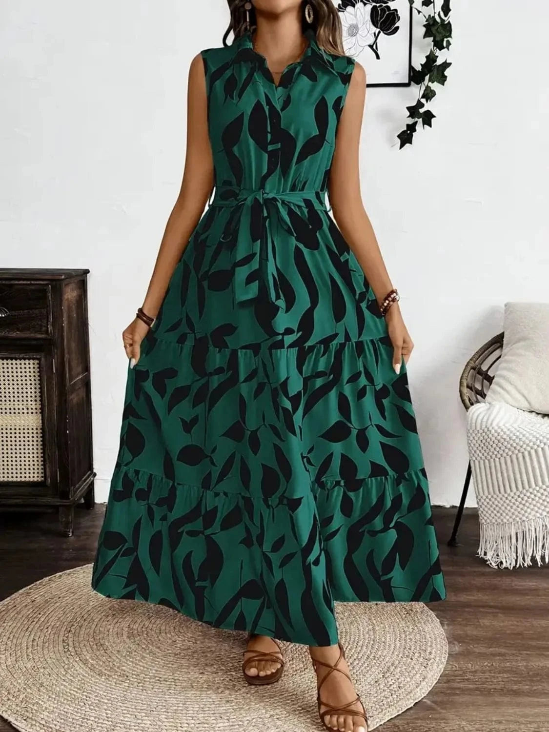 Trendsi Dark Green / S Printed Tie Waist Sleeveless Maxi Dress