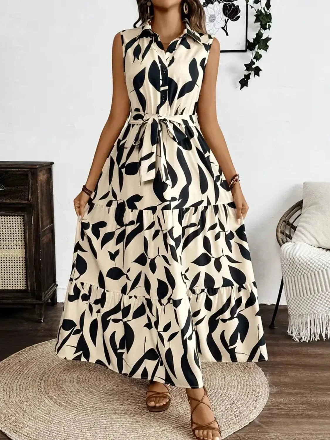 Trendsi Printed Tie Waist Sleeveless Maxi Dress