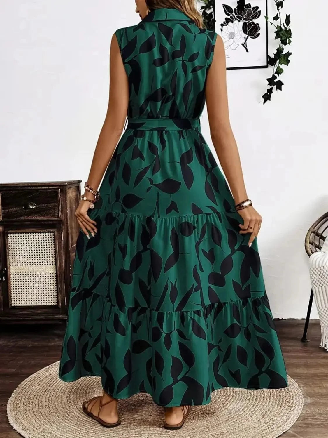 Trendsi Printed Tie Waist Sleeveless Maxi Dress