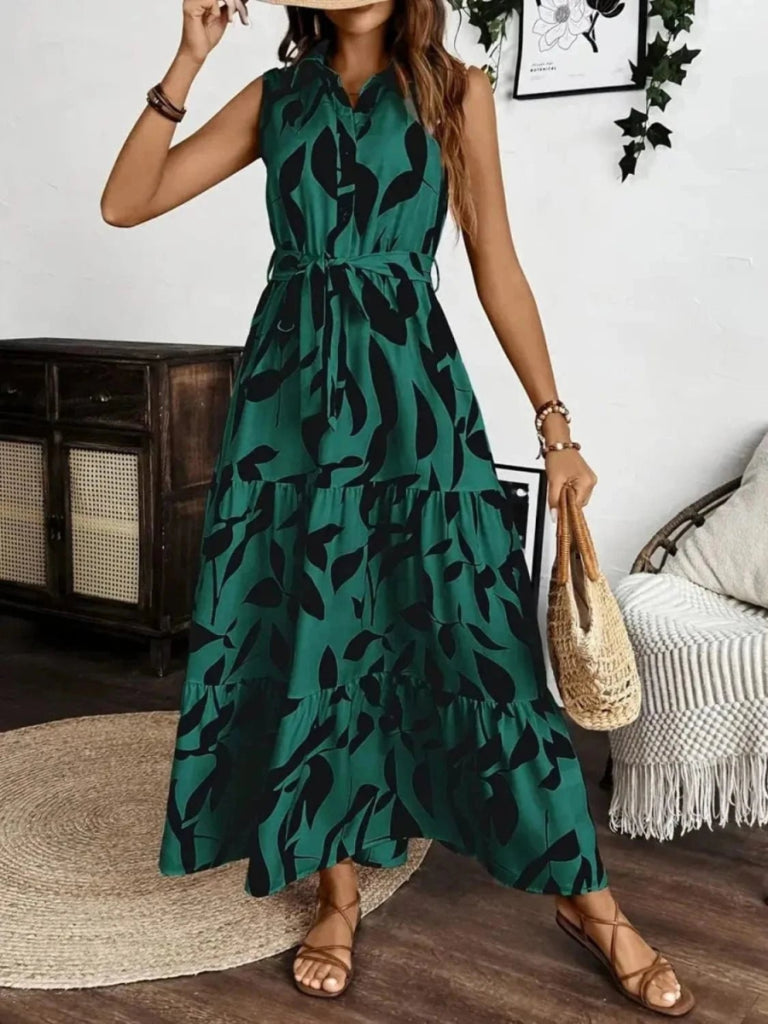 Printed Tie Waist Sleeveless Maxi Dress - Dark Green by Trendsi from FREYA’S CLOSET