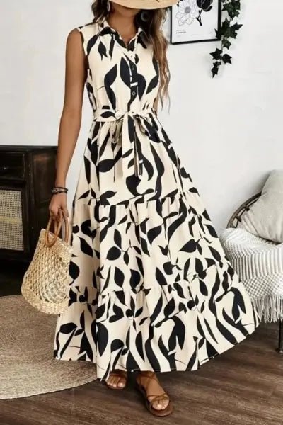 Printed Tie Waist Sleeveless Maxi Dress - Cream by Trendsi from FREYA’S CLOSET