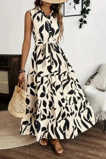 Printed Tie Waist Sleeveless Maxi Dress - Cream by Trendsi from FREYA’S CLOSET