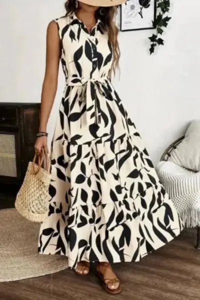 Printed Tie Waist Sleeveless Maxi Dress - Cream by Trendsi from FREYA’S CLOSET