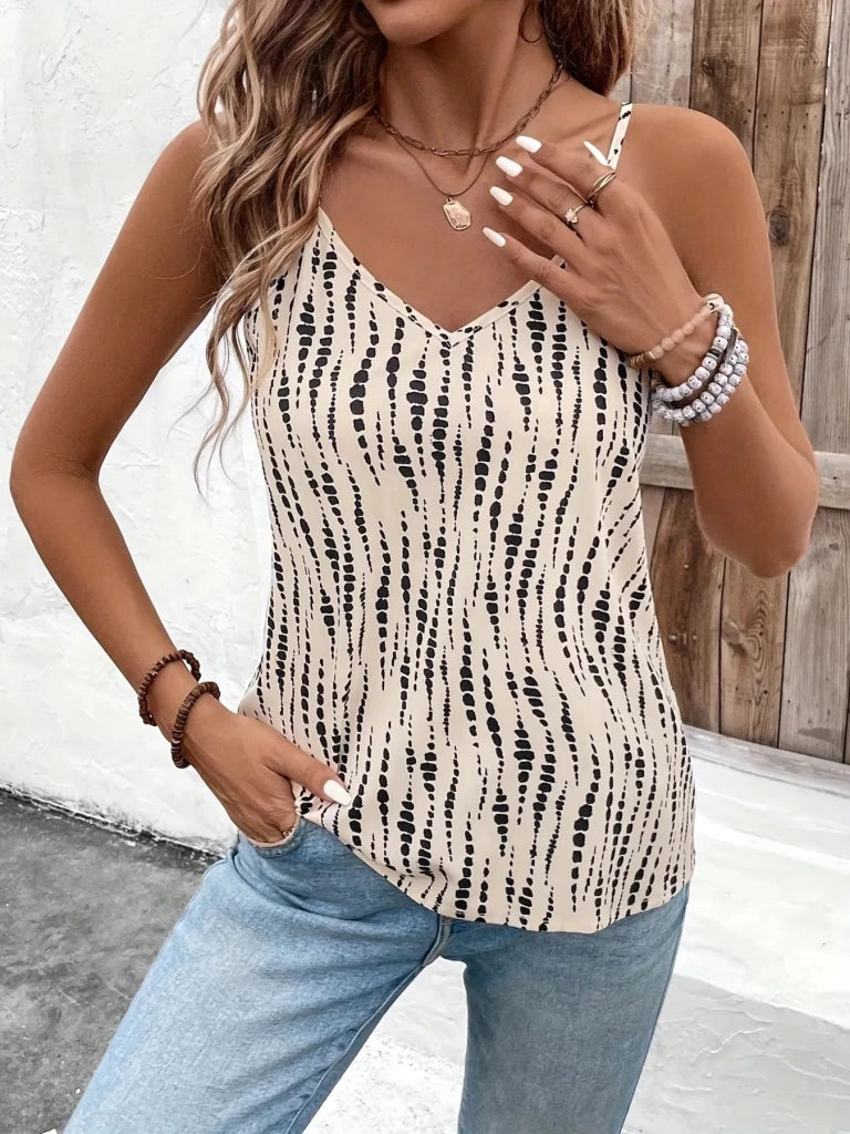 Printed V - Neck Cami Top - White by Trendsi from FREYA’S CLOSET