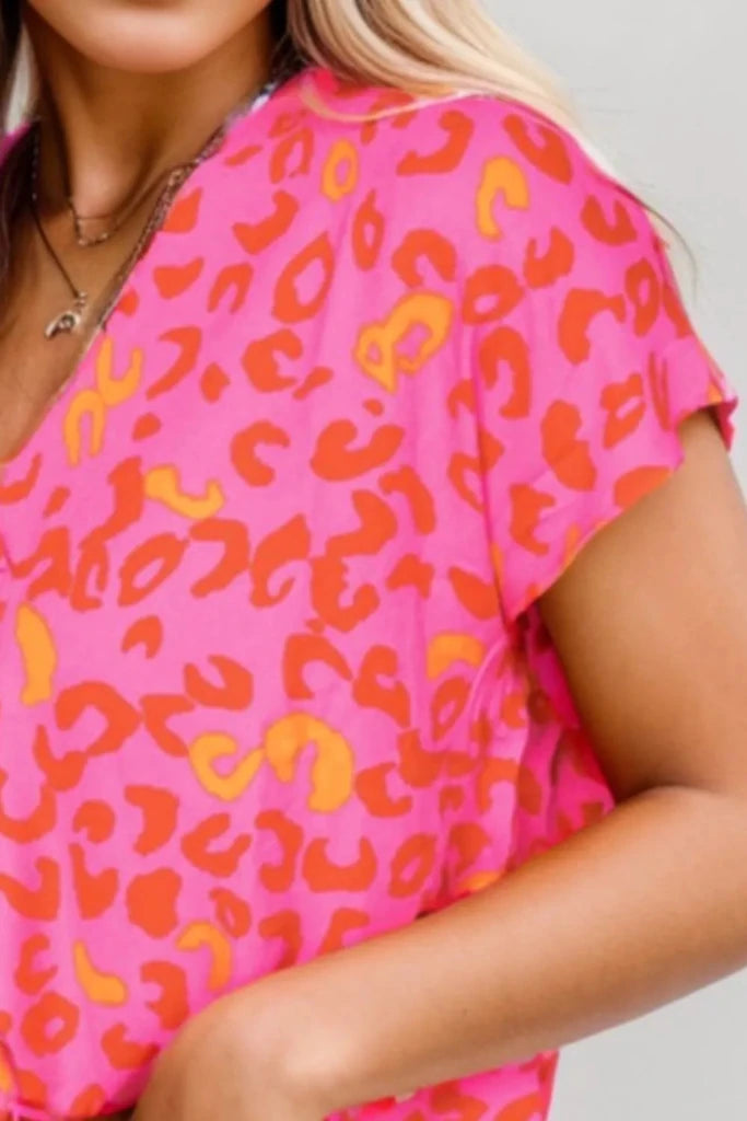 Printed V - Neck Cap Sleeve Blouse - Hot Pink by Trendsi from FREYA’S CLOSET