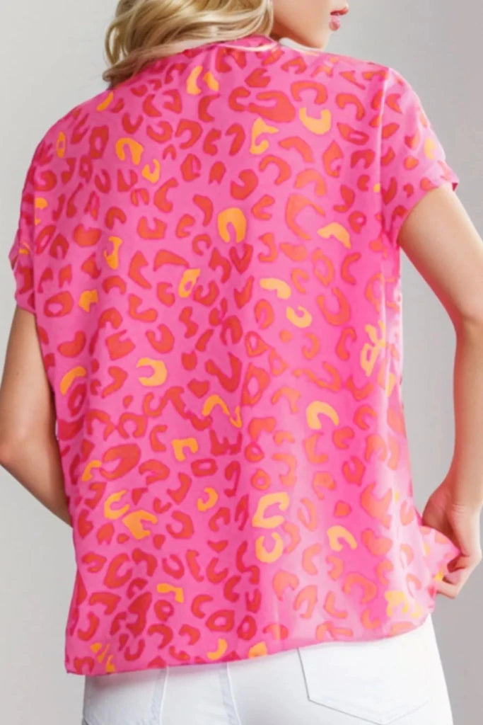 Printed V - Neck Cap Sleeve Blouse - Hot Pink by Trendsi from FREYA’S CLOSET
