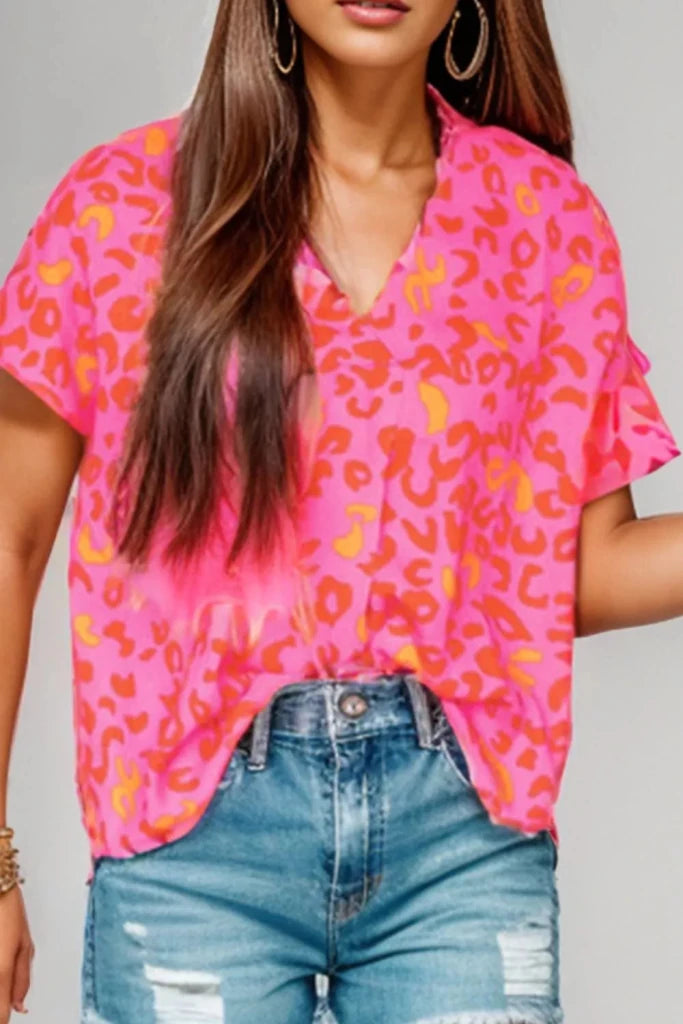 Printed V - Neck Cap Sleeve Blouse - Hot Pink by Trendsi from FREYA’S CLOSET