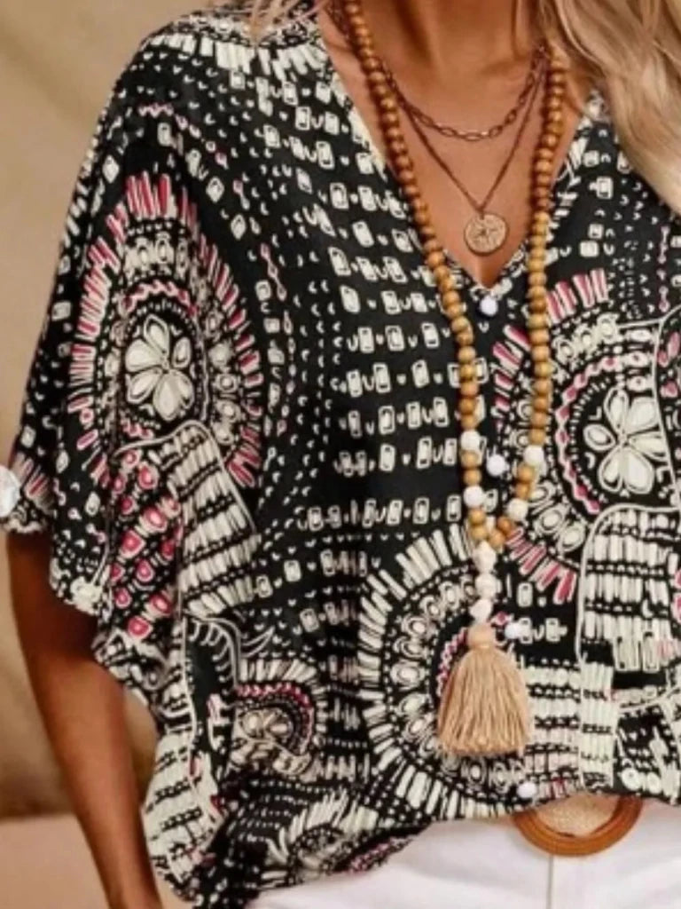 Printed V - Neck Half Sleeve Top - Black by Trendsi from FREYA’S CLOSET