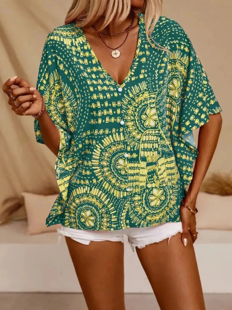 Printed V - Neck Half Sleeve Top - Green by Trendsi from FREYA’S CLOSET