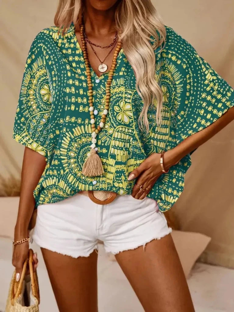 Printed V - Neck Half Sleeve Top - Green by Trendsi from FREYA’S CLOSET
