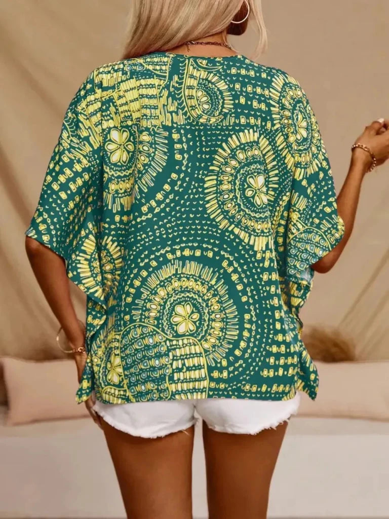 Printed V - Neck Half Sleeve Top - Green by Trendsi from FREYA’S CLOSET