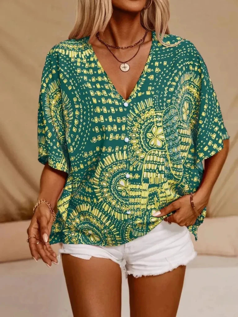 Printed V - Neck Half Sleeve Top - Green by Trendsi from FREYA’S CLOSET