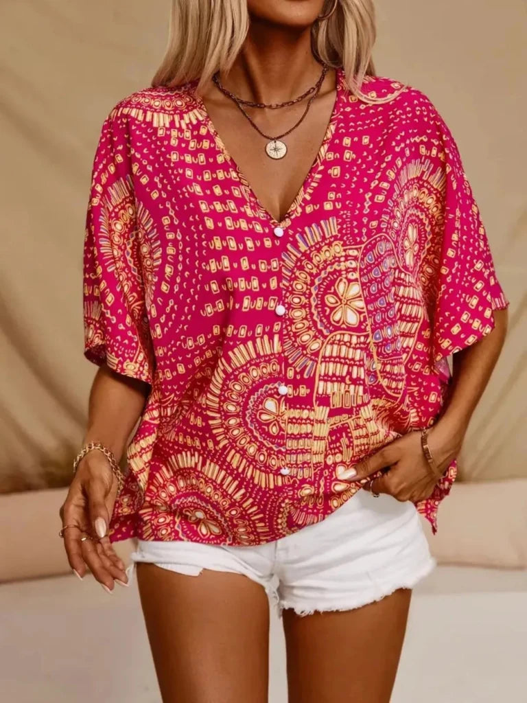 Printed V - Neck Half Sleeve Top - Hot Pink by Trendsi from FREYA’S CLOSET