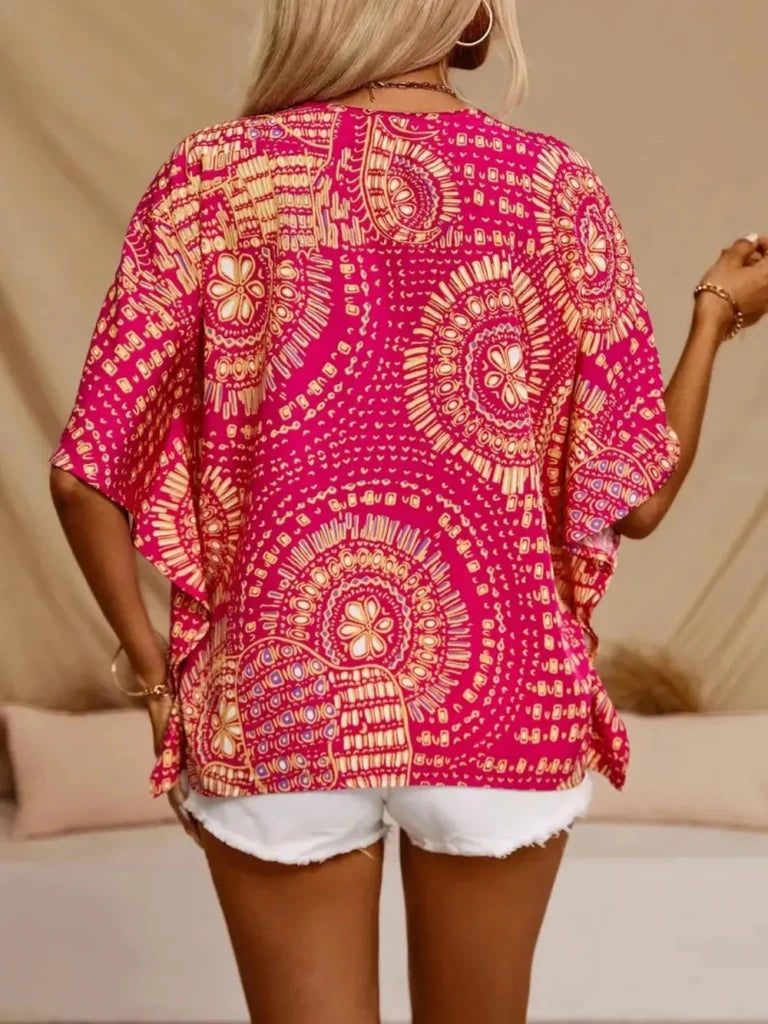 Printed V - Neck Half Sleeve Top - Hot Pink by Trendsi from FREYA’S CLOSET