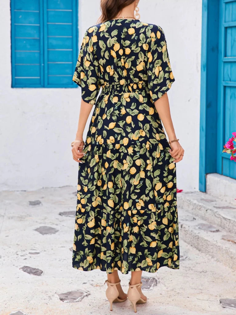 Printed V - Neck Ruffle Hem Flowy Midi Dress - Black Forest by Trendsi from FREYA’S CLOSET