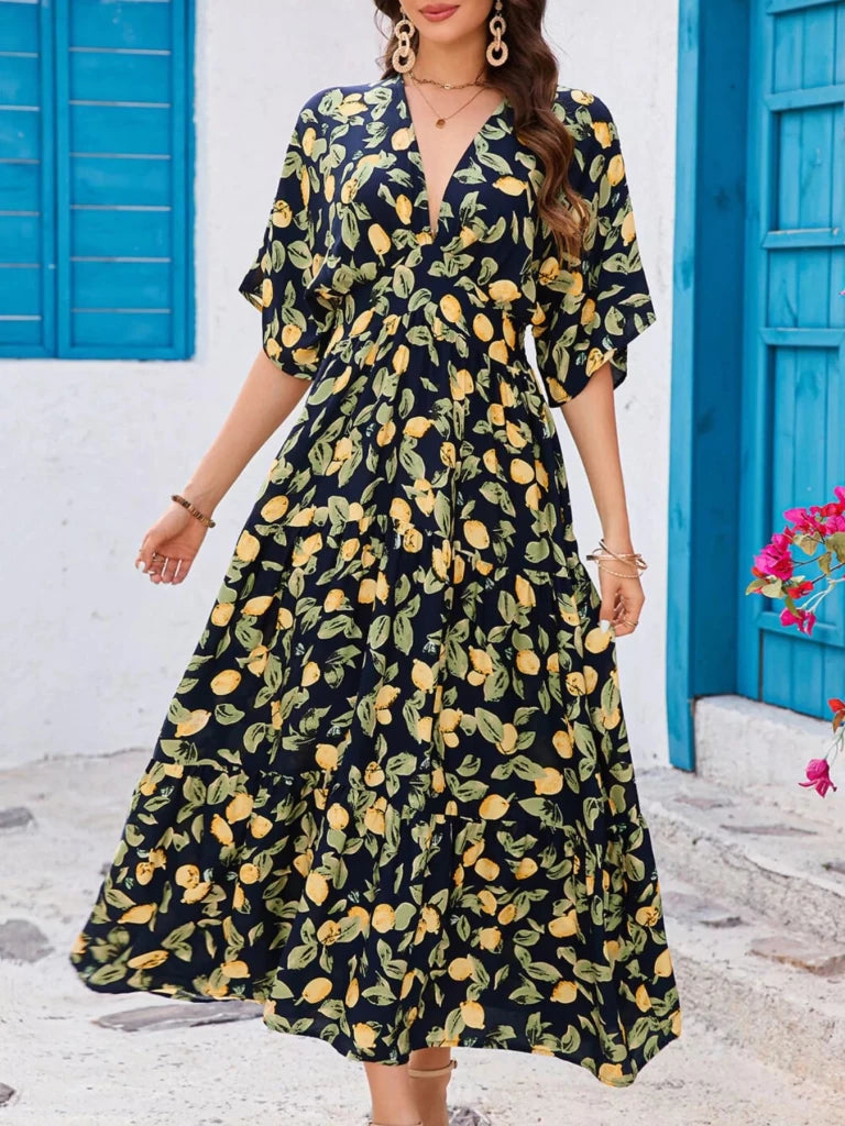 Printed V - Neck Ruffle Hem Flowy Midi Dress - Black Forest by Trendsi from FREYA’S CLOSET