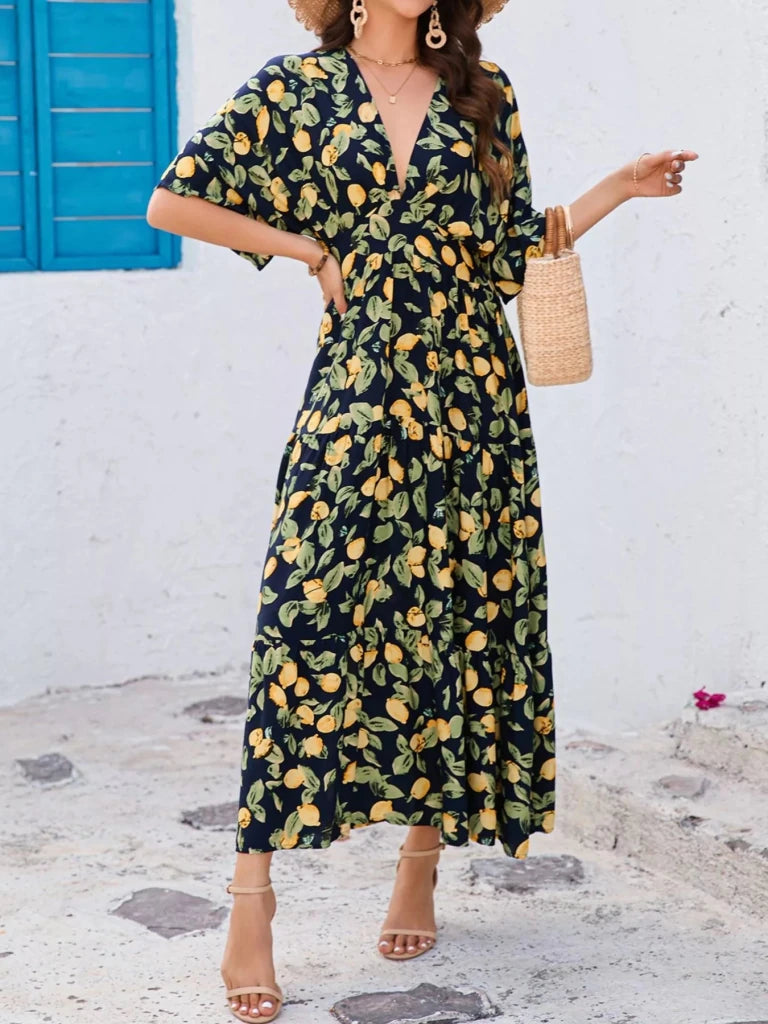 Printed V - Neck Ruffle Hem Flowy Midi Dress - Black Forest by Trendsi from FREYA’S CLOSET