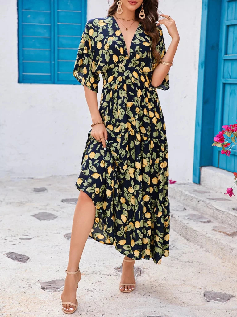Printed V - Neck Ruffle Hem Flowy Midi Dress - Black Forest by Trendsi from FREYA’S CLOSET