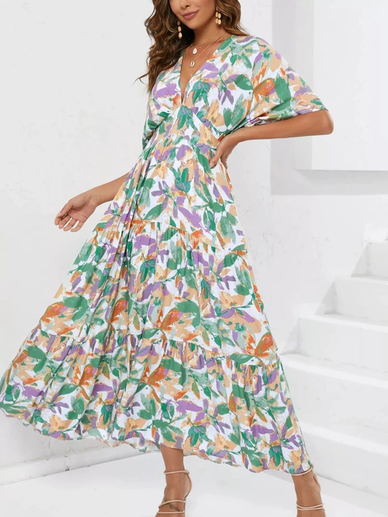 Printed V - Neck Ruffle Hem Flowy Midi Dress - Gum Leaf by Trendsi from FREYA’S CLOSET