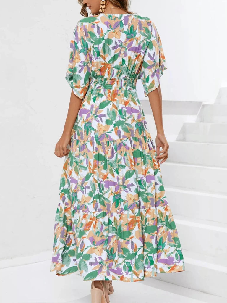 Printed V - Neck Ruffle Hem Flowy Midi Dress - Gum Leaf by Trendsi from FREYA’S CLOSET