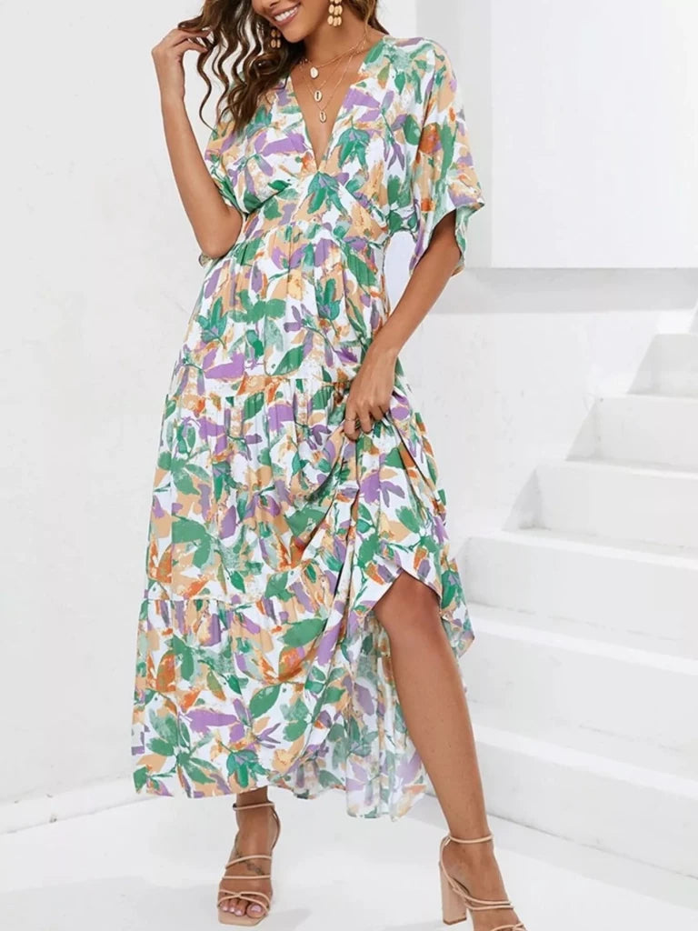 Printed V - Neck Ruffle Hem Flowy Midi Dress - Gum Leaf by Trendsi from FREYA’S CLOSET
