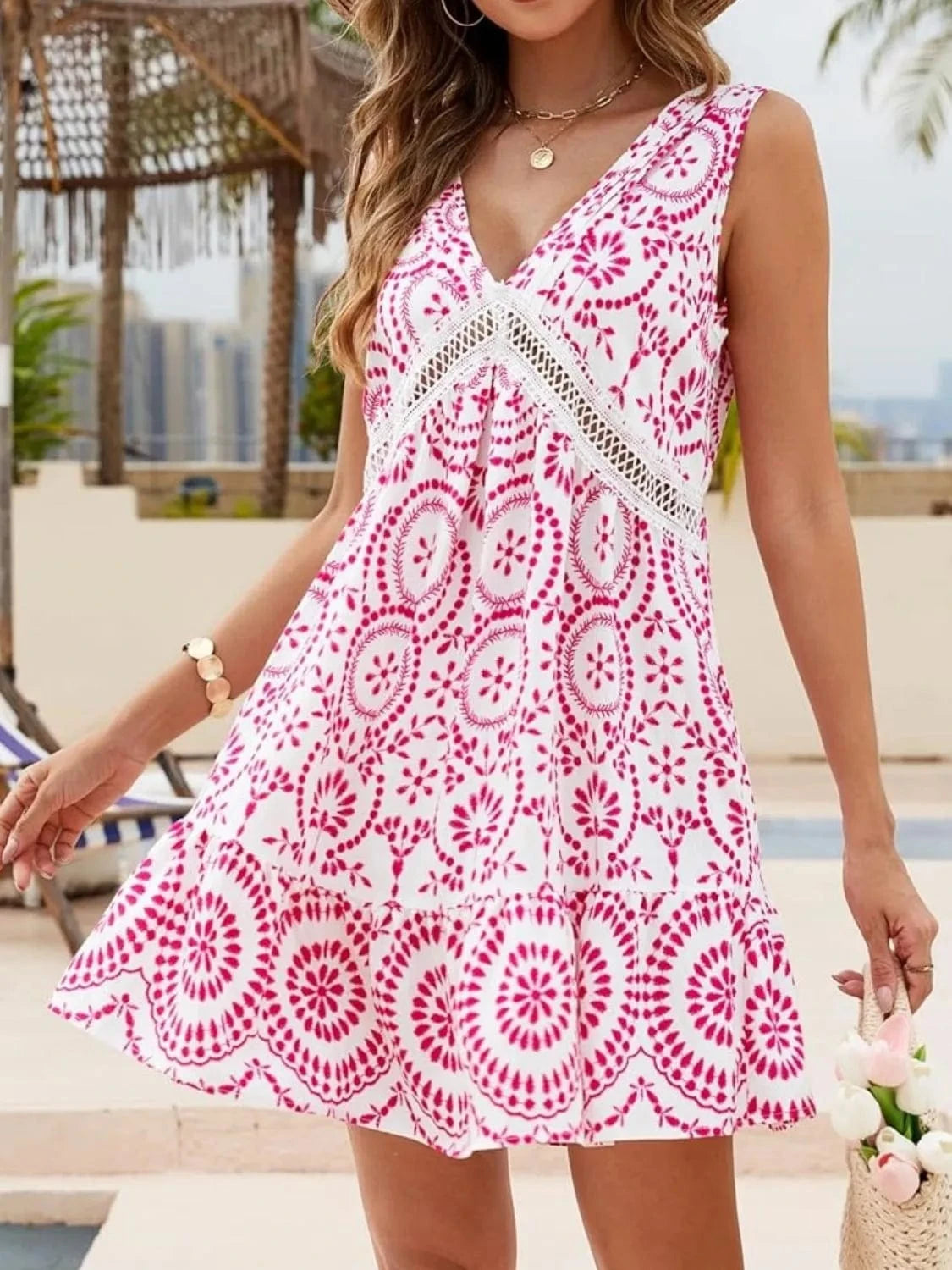 Trendsi Hot Pink / S Printed V-Neck Sleeveless Mini Dress