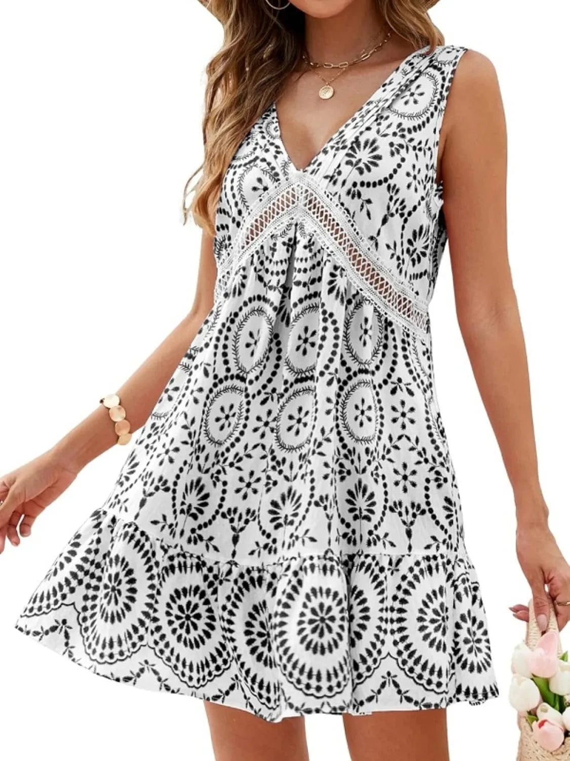 Trendsi Black / S Printed V-Neck Sleeveless Mini Dress