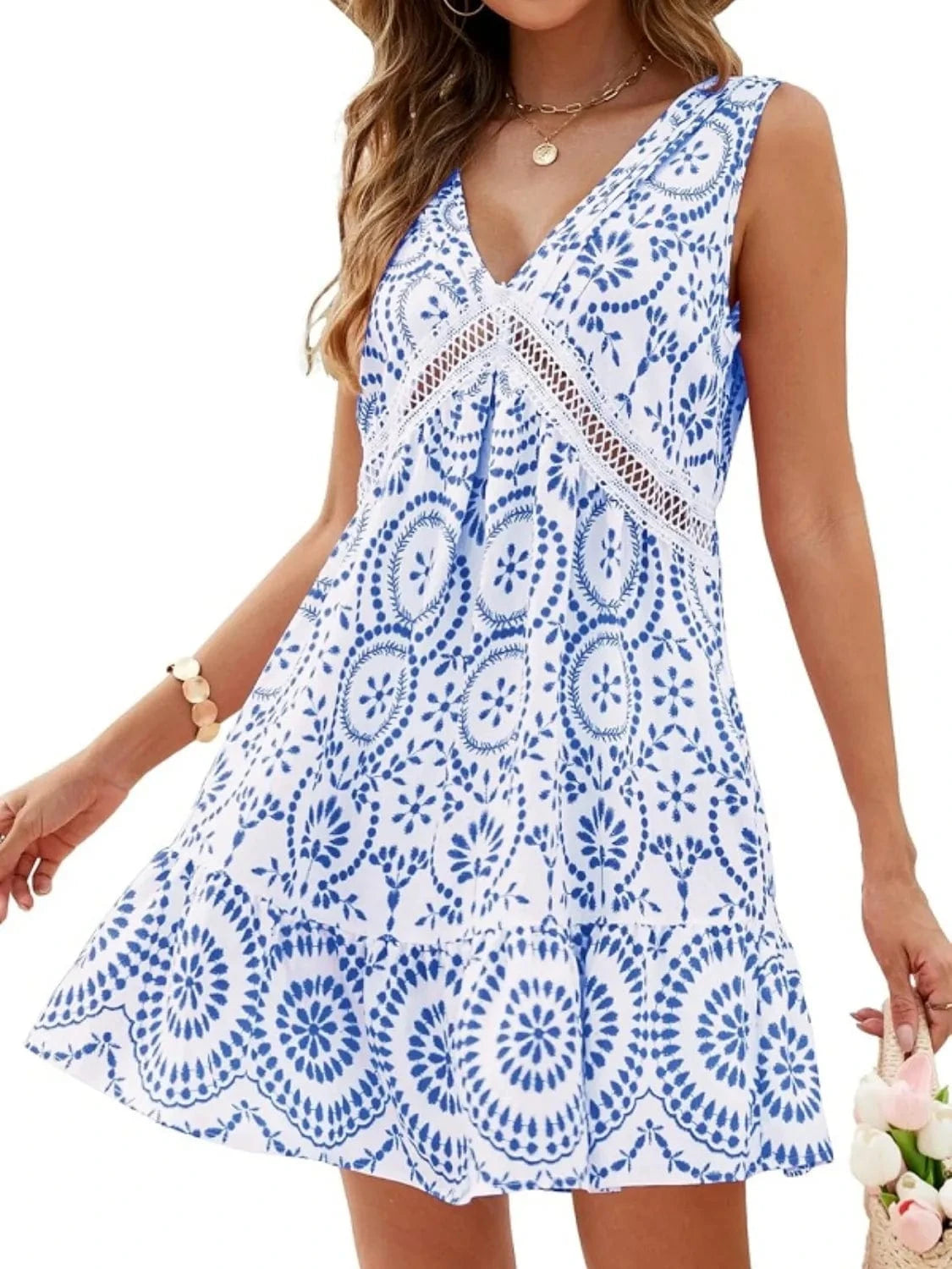 Trendsi Printed V-Neck Sleeveless Mini Dress